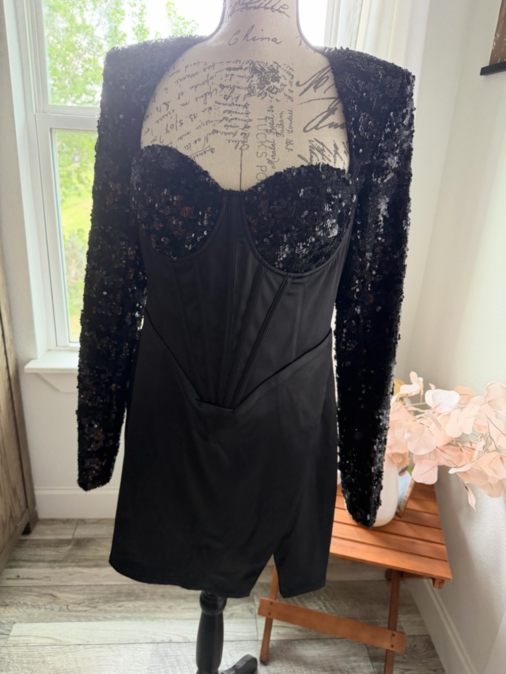Black Sequin Bustier Mini Dress with Long Sleeve Jacket